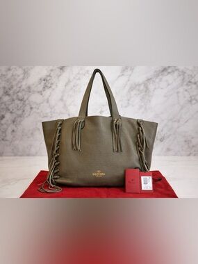 Valentino Garavani C-Rockee Leather Fringe Tote Bag Olive Green Large
